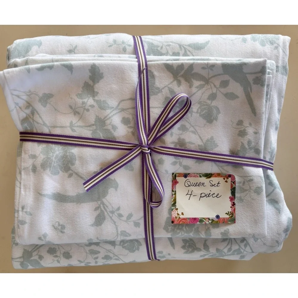 Laura Ashley QUEEN Sheet Set Soft Cottage Core Floral Birds White & Aqua 4PC